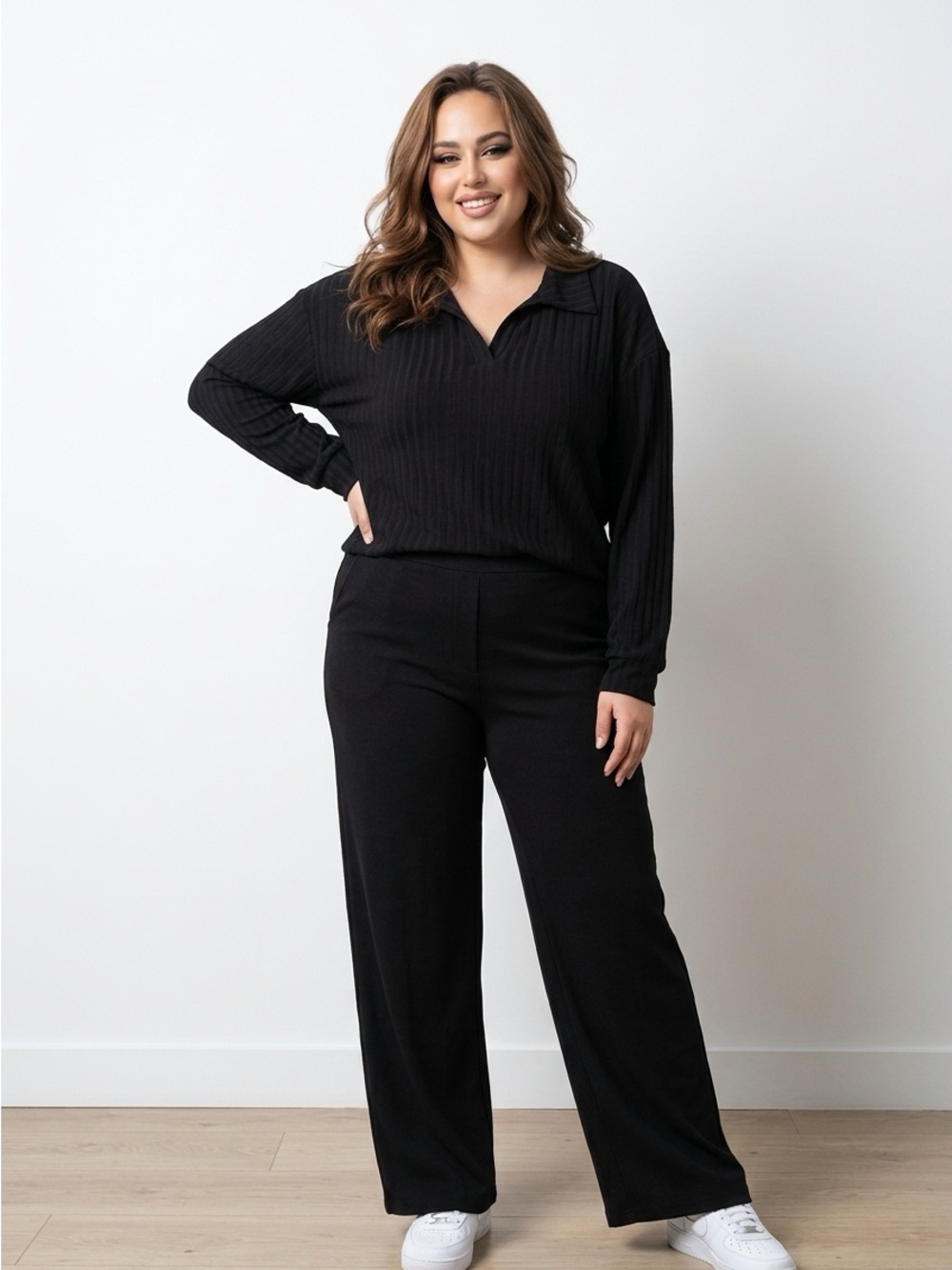 Plus Size Black Ribbed Long-Sleeve Polo Top